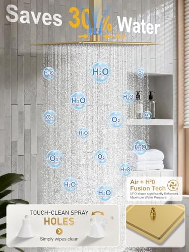 Woindo Shower Faucet Set, 10" Ceiling Mount Rainfall Shower System with 2 Rain Shower Head and Multi-function Handheld Head Push Button Diverter Shower Faucet Trim Kit