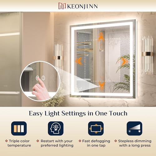 Keonjinn 30x36 Inch LED Bathroom Mirror with Lights, 3-Color Temperature