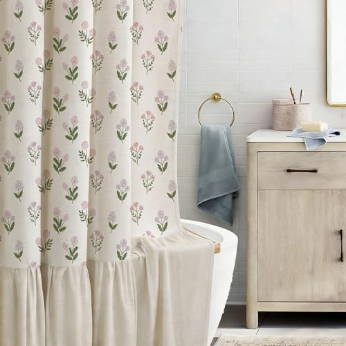 ORTIGIA Linen Textured Ruffle Shower Curtain 72x72 Inch with Metal Hooks, Vintage Pink Floral Flowers Block Print Boho Waterproof Bath Curtain for Rustic Farmhouse Bathroom Decor