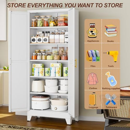 75" White Metal Storage Cabinet with 2 Doors and 5 Adjustable Shelves,Steel Garage Tool Cabinet, File Cabinet,Kitchen Pantry Cabinet for Home,Office,Garage,School,Warehouse