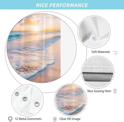 Extra Long Ocean Beach Coastal Seaside Nautical Shower Curtain for Bathroom 72W*84H Inch Summer Sunset Seacoast Beachy Waves Seascape Nature Cool Bathtub Decor Waterproof Polyester Fabric Set