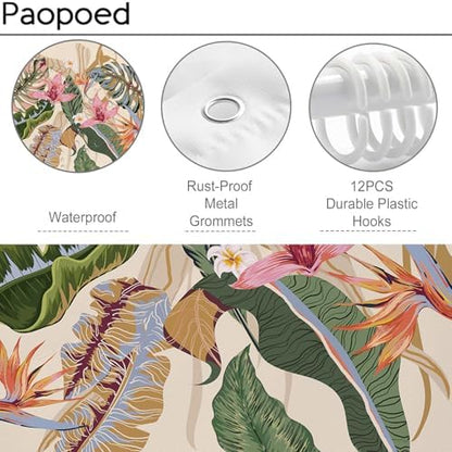 Tropical Shower Curtain Waterproof Fabric Bathroom Curtain with Hooks 72x72 inch, Colorful Floral Jungle Plant Leaf Bathroom Decor