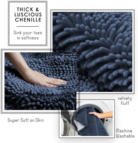 Hearth & Harbor Bathroom Rugs, Chenille Bath Mat - Machine Washable Bath Mats for Bathroom Non-Slip Backing Rubber, Quick Dry Mat - Navy Blue Bath Rug, 17x24-26x44-20x24
