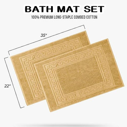 Superior Heavyweight Cotton Bath Mats, Bath Rugs For Bathroom Accessories, Washable Rug For Shower, Bath, Toilet, Modern Decor, No Backing, Luxury Hotel And Spa Quality, Set of 2, 22" x 35", Gold