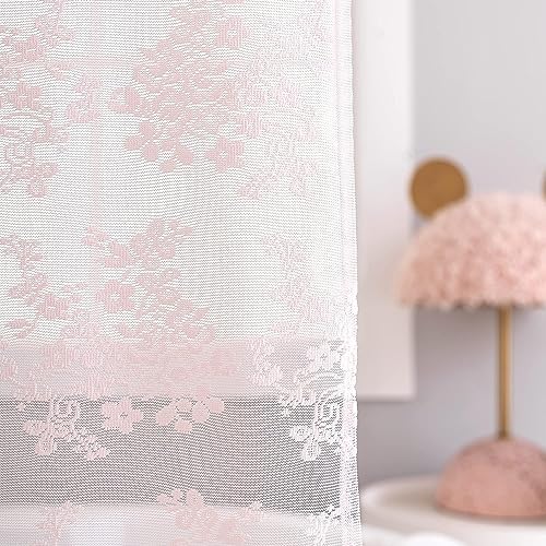 TUDECO Pink Lace Shower Curtain with Attached Valance, 72W x 84L Inch