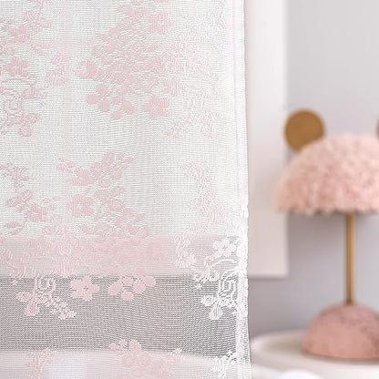 TUDECO Pink Lace Shower Curtain with Attached Valance, 72W x 84L Inch