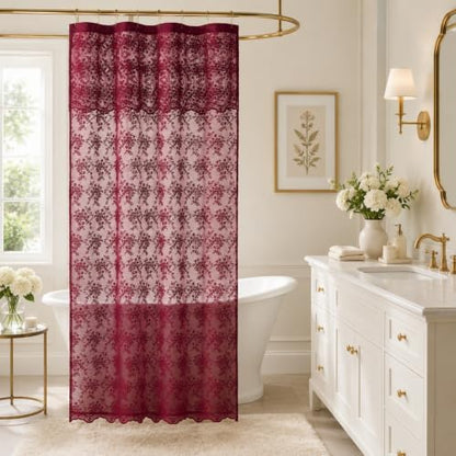 YJ YANJUN Burgundy Lace Stall Shower Curtain 36 x 72 Inch, Vintage Floral