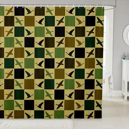 Duck Hunter Shower Curtain for Bathroom Decor Mallard Duck Bath Curtain Bathtubs Checkered Geometric Bathroom Accessories Hunting Vintage Brown Green Waterproof Polyester Fabric with 12 Hooks 72"x84"