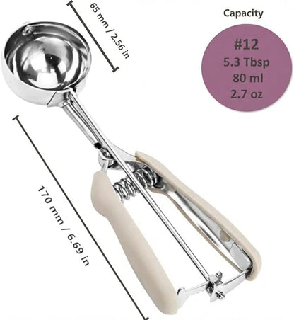Ice Cream Scoop, 18/8 Stainless Steel Cookie Scoop, 5.3Tbsp/80ml/2.7oz Cookie Dough Scoop, Ice Cream Scooper with Trigger Release, Large Cookie Scooper (#12 White)