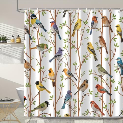 Moonslim Colorful Birds Shower Curtains, Woodland Green Leaves Trees Wildlife Vintage Spring Themed Shower Curtain Set, Fabric Bath Curtain for Bathroom Decor Waterproof Cloth with Hooks 72X84 Inch