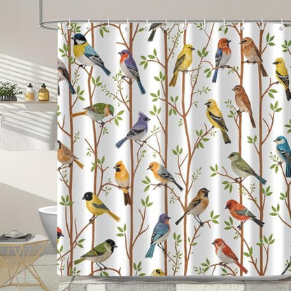 Moonslim Colorful Birds Shower Curtains, Woodland Green Leaves Trees Wildlife Vintage Spring Themed Shower Curtain Set, Fabric Bath Curtain for Bathroom Decor Waterproof Cloth with Hooks 72X84 Inch