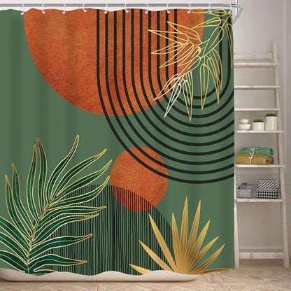 Mid Century Green Orange Boho Abstract Modern Bathroom Shower Curtain Set