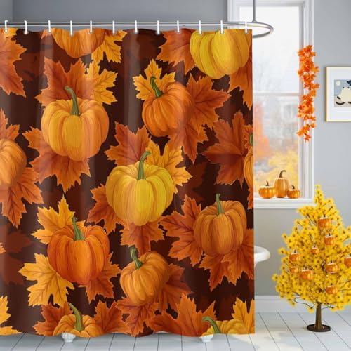 Shower Curtain Bathroom Set Thanksgiving Pumpkin Fall Orange Maple Leaf Waterproof Shower Curtains with Grommets Hooks Autumn Watercolor Leaves Privacy Bath Curtain for Bathtub Decor 72x78in