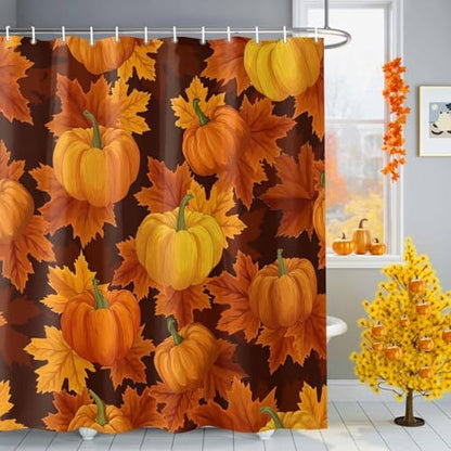 Shower Curtain Bathroom Set Thanksgiving Pumpkin Fall Orange Maple Leaf Waterproof Shower Curtains with Grommets Hooks Autumn Watercolor Leaves Privacy Bath Curtain for Bathtub Decor 72x78in