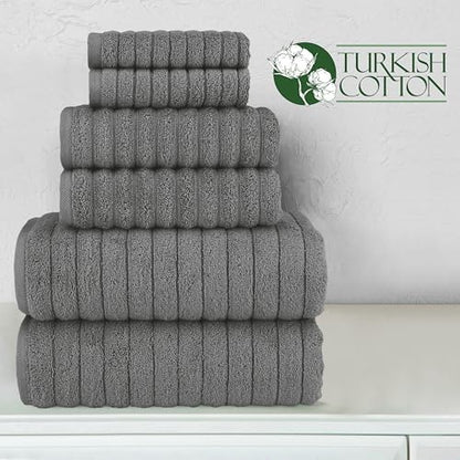 Elegant Comfort 100% Turkish Cotton Corduroy Ribbed Luxury Bath Towels 6-Piece Set, Premium Feel - Quick Dry, Highly Absorbent, Contains 2 Bath Towels, 2 Hand Towels, and 2 Washcloths, Gray