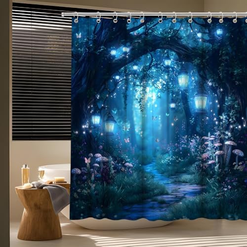Fantasy Forest Path Shower Curtain Blue Fairy Magical Enchanted Misty Jungle Mushroom Floral Tree Butterfly Lantern Wonderland Bath Curtain Fabric Bathroom Accessories Decor with Hooks 60W x70L