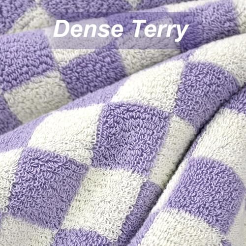Close-up of a plush terry cloth fabric with a lavender purple and off-white checkered pattern, overlaid with the text 'Dense Terry'.