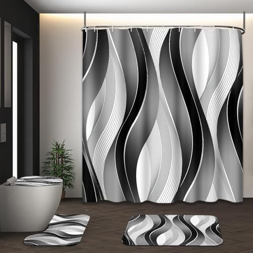 Bathroom Sets with Shower Curtain and Rugs, 4 Pcs Geometric Stripes
