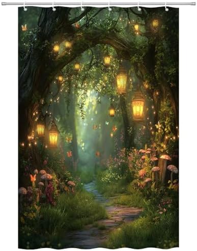 Fantasy Forest Path Shower Curtain Fairy Magical Enchanted Misty Jungle Mushroom Floral Tree Butterfly Lantern Wonderland Plant Bath Curtain Fabric Bathroom Accessories Decor with Hooks 47W x70L