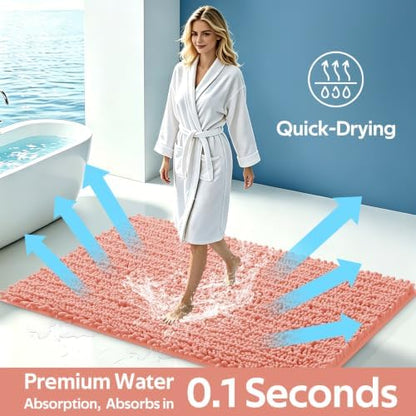 ACCUMTEK Upgrade Luxury 2 Piece Coral Toilet Bathroom Rug Mat 60"x20"+32"x20", Ultra Soft Thick Absorbent Bath Mats, Non Slip Chenille Toilet Mat for Bathroom, Bedroom, Kitchen, Shower, Tub