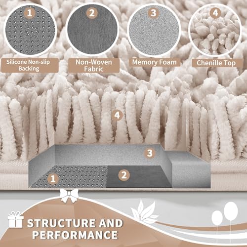 Yimobra Toilet Rugs U Shaped Washable, Extra Thick Soft Absorbent Chenille Contour Bathroom Rugs for Toilet 24x24 Inch, Quick Dry Non Slip Toilet Mat for Bath Floor, Khaki