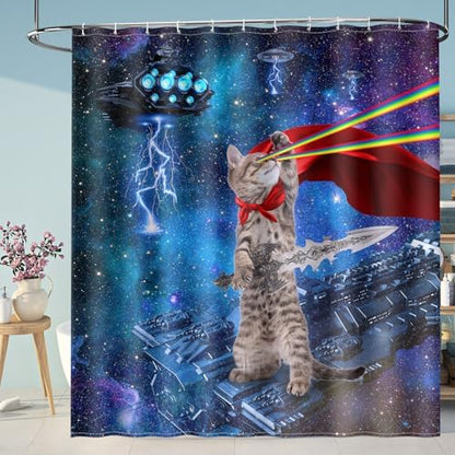Aimego Long Funny Shower Curtain - Cute Cool Cat on Fantasy Outer Space Galaxy Universe UFO Fun Fabric Cloth Shower Curtain Set with 12 Hooks for Bathroom Decor Accessories Bathtub Curtain, 72"x78"