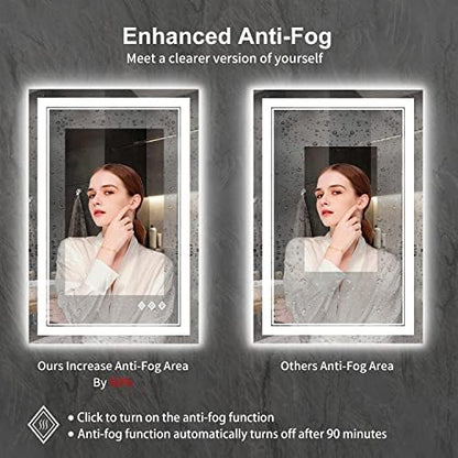 LED Mirror for Bathroom, 24x36 Inch Gradient Front and Backlight LED Bathroom Mirror, 3 Colors Dimmable CRI>90 Double Lights, Enhanced Anti-Fog, Hanging Plates Wall Mount Lighted Mirror