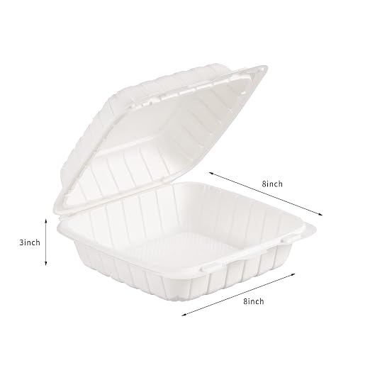 8X8" 1-Compartment 50Pack Plastic Clamshell Take Out Food Containers Heavy-Duty Togo Disposable Lunch Box With Secure Snap Hinged Lid Meal Prep for Parties Restaurants and Food Trucks Microwave Safe