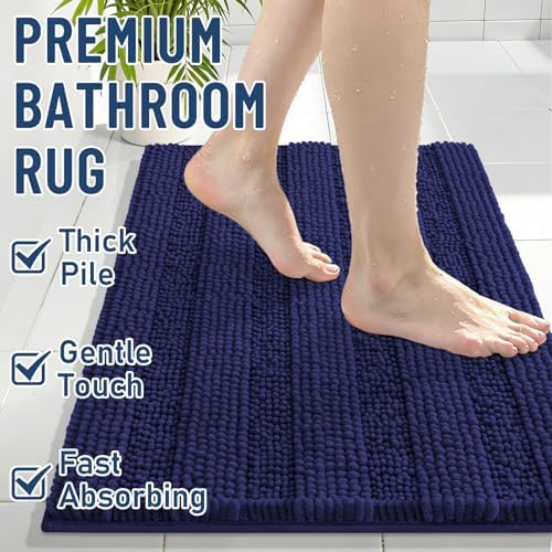 Grandaily Chenille Striped Bathroom Rugs 30x20, Extra Thick and Soft Absorbent Bath Mats, Rubber Backing, Plush Shaggy Shower Carpet, Machine Wash Dry, Bath Rug for Bathroom, Twilight Sapphire