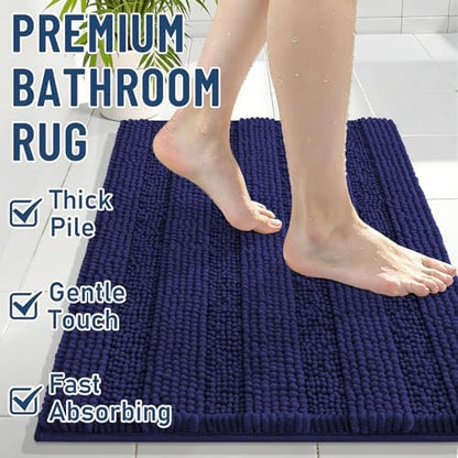 Grandaily Chenille Striped Bathroom Rugs 36x24, Extra Thick and Soft Absorbent Bath Mats, Rubber Backing, Plush Shaggy Shower Carpet, Machine Wash Dry, Bath Rug for Bathroom, Twilight Sapphire