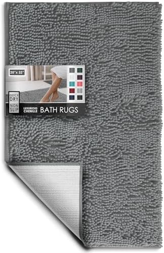 Hearth & Harbor Bathroom Rugs, Chenille Bath Mat - Machine Washable Bath Mats for Bathroom Non-Slip Backing Rubber, Quick Dry Bathroom Mat, 20 x 32 - Frost Grey