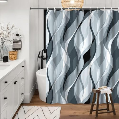 Blue Striped Shower Curtain with Hooks for Bathroom 72x72 Inch