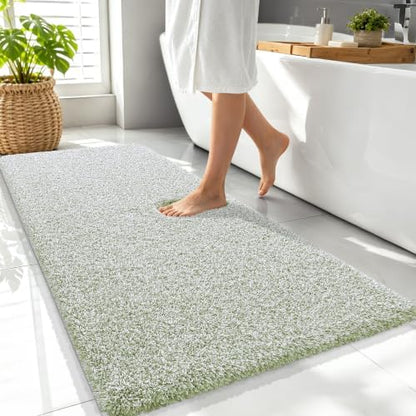 OLANLY Microfiber Bathroom Rugs 47x24, Quick Dry Mat, Sage Green and White