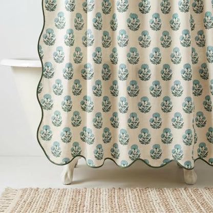 Boomkin Block Print Scalloped Shower Curtain Set with 12 Hooks