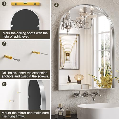 Brightify Metal Framed Arched Wall Mirror, 24 x 36 Inch, Silver, for Living Room, Bedroom, Bathroom, Hallway, Powder Room Decorative