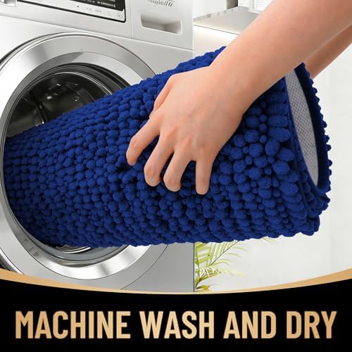 OLANLY Thick Chenille Bathroom Rugs 34x21, Soft Absorbent Bath Mat, Navy
