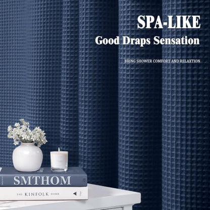 Waffle Weave Shower Curtain Heavyweight Cotton Fabric Navy Blue 72Wx72L