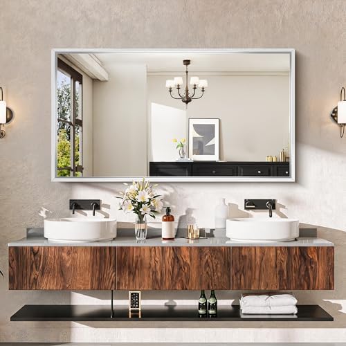 CIRCUMI 30"x55" Brushed Silver Bathroom Mirror, Double Sink Vanity Mirror