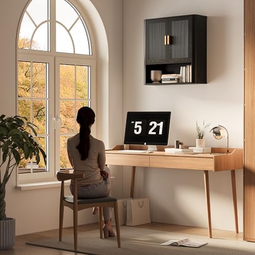 INNOD Bathroom Wall Cabinet, Wall-Mounted Medicine Cabinet with Adjustable Wood Shelf & Doors, Floating Bathroom Cabinet Over Toilet for Laundry Room & Kitchen & Living Room (Black)