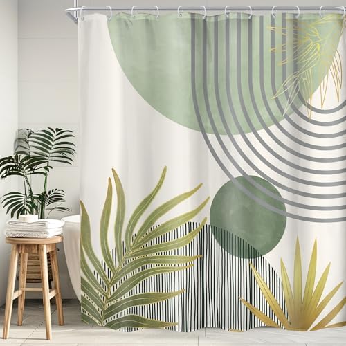 Mid Century Mint Green Boho Abstract Modern Bathroom Shower Curtain Set