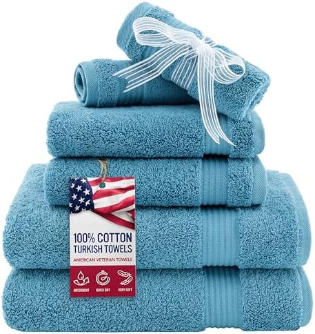American Veteran Towel, 6 Piece Towel Set for Bathroom, 100% Cotton Turkish Bathroom Towels, 2 Bath Towels 2 Hand Towels 2 Washcloths, Sky Blue