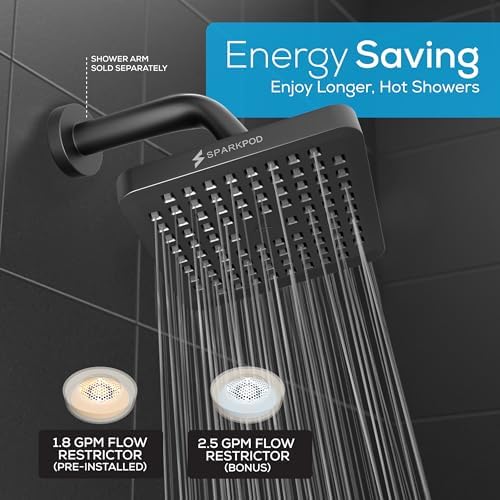 SparkPod Rain Shower Head, 6 Inch Square, Midnight Black Matte Finish