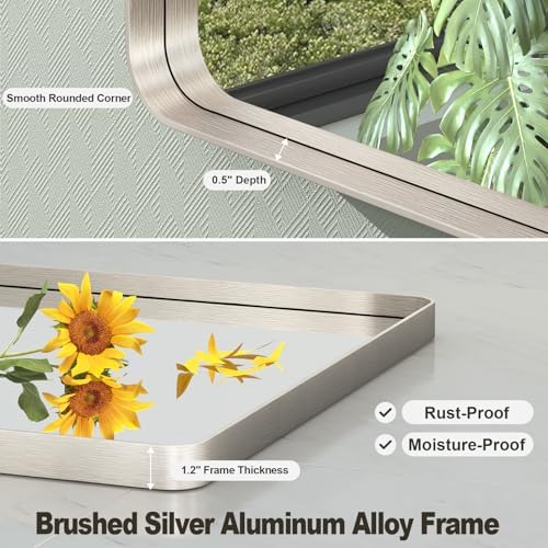 28x36 Inch Brushed Nickel Bathroom Mirror, Brushed Silver Metal Framed Wall Mirror, Rounded Rectangle Bathroom Vanity Mirror, Anti-Rust, Shatterproof (Horizontal/Vertical)