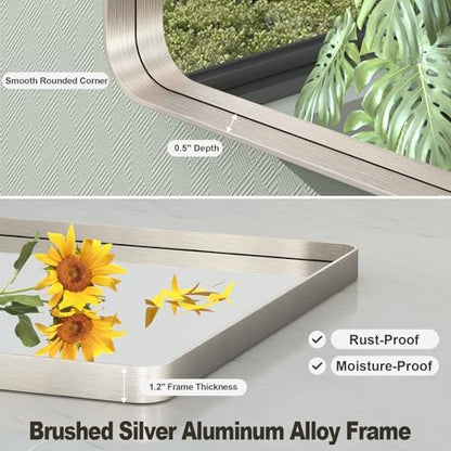 36x36 Inch Brushed Nickel Bathroom Mirror, Square Brushed Silver Metal Framed Wall Mirror, Rounded Corner Rectangle Modern Vanity Mirror, Tempered Glass, Anti-Rust, Shatterproof (Horizontal/Vertical)