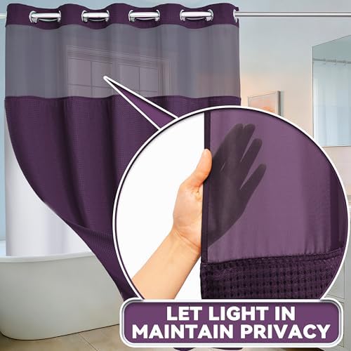 Conbo Mio No Hook Waffle Weave Shower Curtain with Snap in Liner Set, Hotel Luxury Purple Shower Curtains for Bathroom with See Through Top Window, Waterproof, Washable 71W x 74H