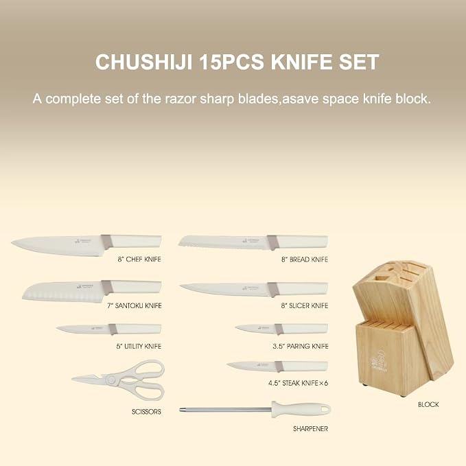 CHUSHIJI 15-Piece Kitchen Knife Set with Block, Premium High Carbon Stainless Steel, 8-Inch Chef Knife & 6 Steak Knives, Sharp Dishwasher Safe Durable Cutlery for Home Cooking, White