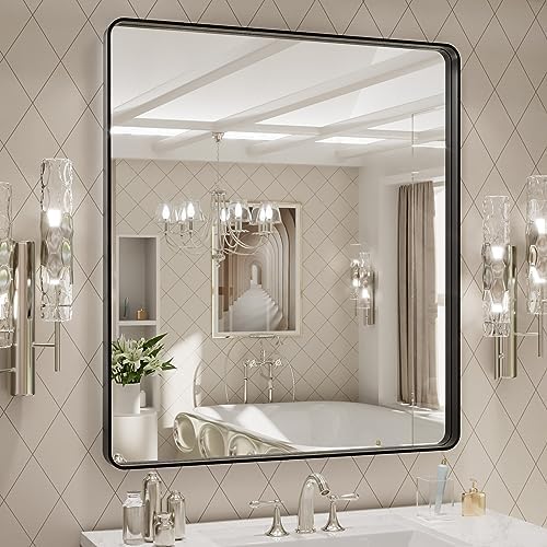 LOAAO 32x36 Inch Black Bathroom Mirror Metal Framed