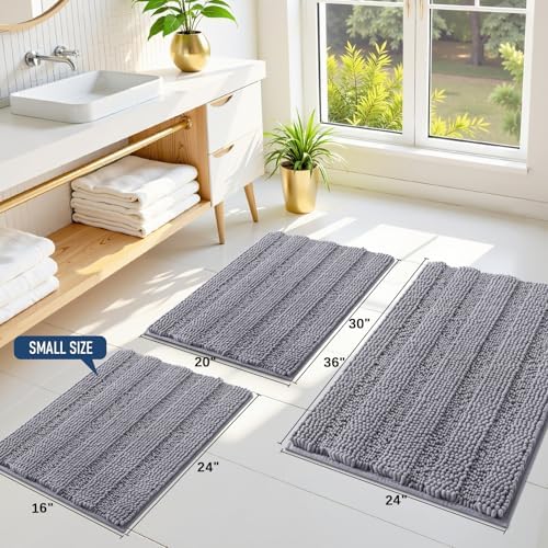 Grandaily Chenille Striped Bathroom Rugs 47x17, Extra Thick and Soft Absorbent Bath Mats, Rubber Backing, Plush Shaggy Shower Carpet, Machine Wash Dry, Bath Rug for Bathroom, Grey