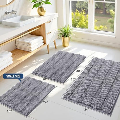 Grandaily Chenille Striped Bathroom Rugs 44x24, Extra Thick and Soft Absorbent Bath Mats, Rubber Backing, Plush Shaggy Shower Carpet, Machine Wash Dry, Bath Rug for Bathroom, Grey