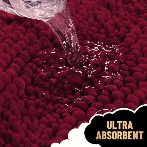 OLANLY Thick Bathroom Runner Rugs 47x17, Soft Chenille Bath Rugs, Burgundy